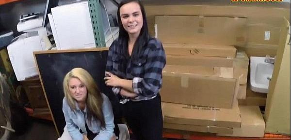  Lesbian couple threesome with pawn dude in storage room